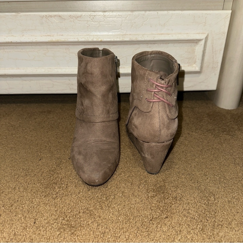 Tan Faux-Suede Wedge Ankle Boots